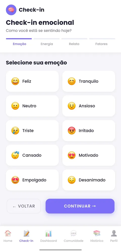 Tela de check-in emocional do OU+ com opções de emoções como Feliz, Ansioso e Tranquilo