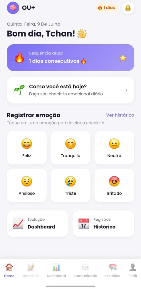 Tela inicial do app OU+ mostrando sequência de check-ins e emoções para registrar